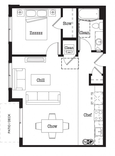 Floor plan for 1 bed, 1 bath, 780 sqft